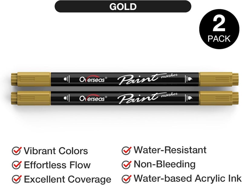 Overseas Gold Acrylic Paint Markers, 2 Pack Dual Tip Paint Pens Acrylic Markers with Dot and Brush Tip, Coloring Marker for Wood, Rock, Canvas, Glass, Metal, Ceramic, Plastic, Fabric, School Supplies - Image 2